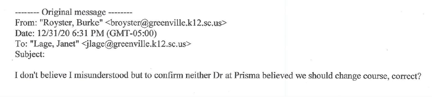 Jan. 9, 2021, Greenville County Schools FOIA response: 12th email (Burke Royster, re: Prisma support)